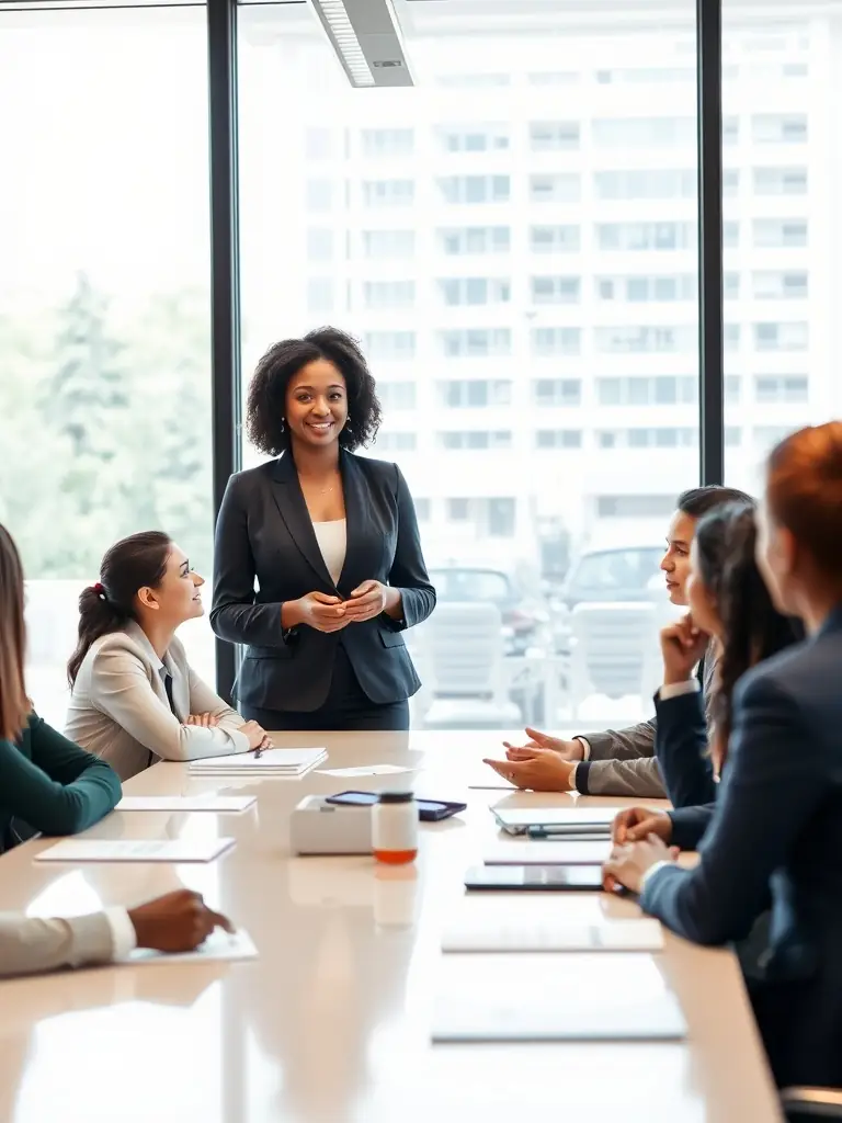 A professional leading a team meeting, demonstrating effective leadership qualities.
