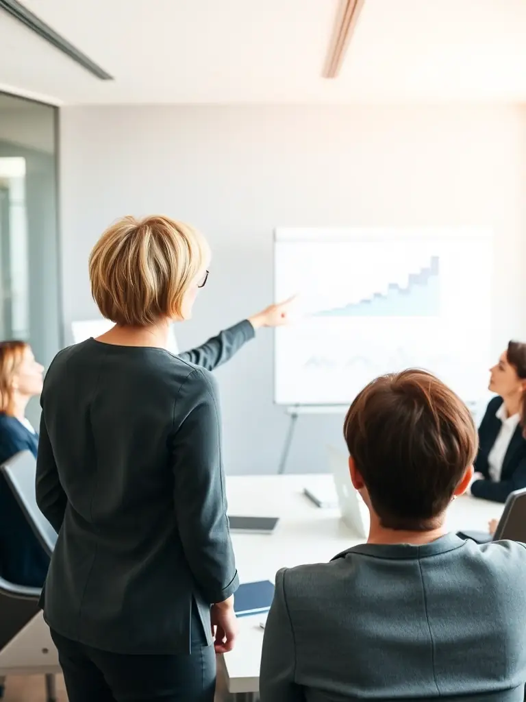 A professional in a business suit confidently presenting a career strategy plan to a team in a modern office setting, emphasizing the collaborative and strategic aspects of career coaching.