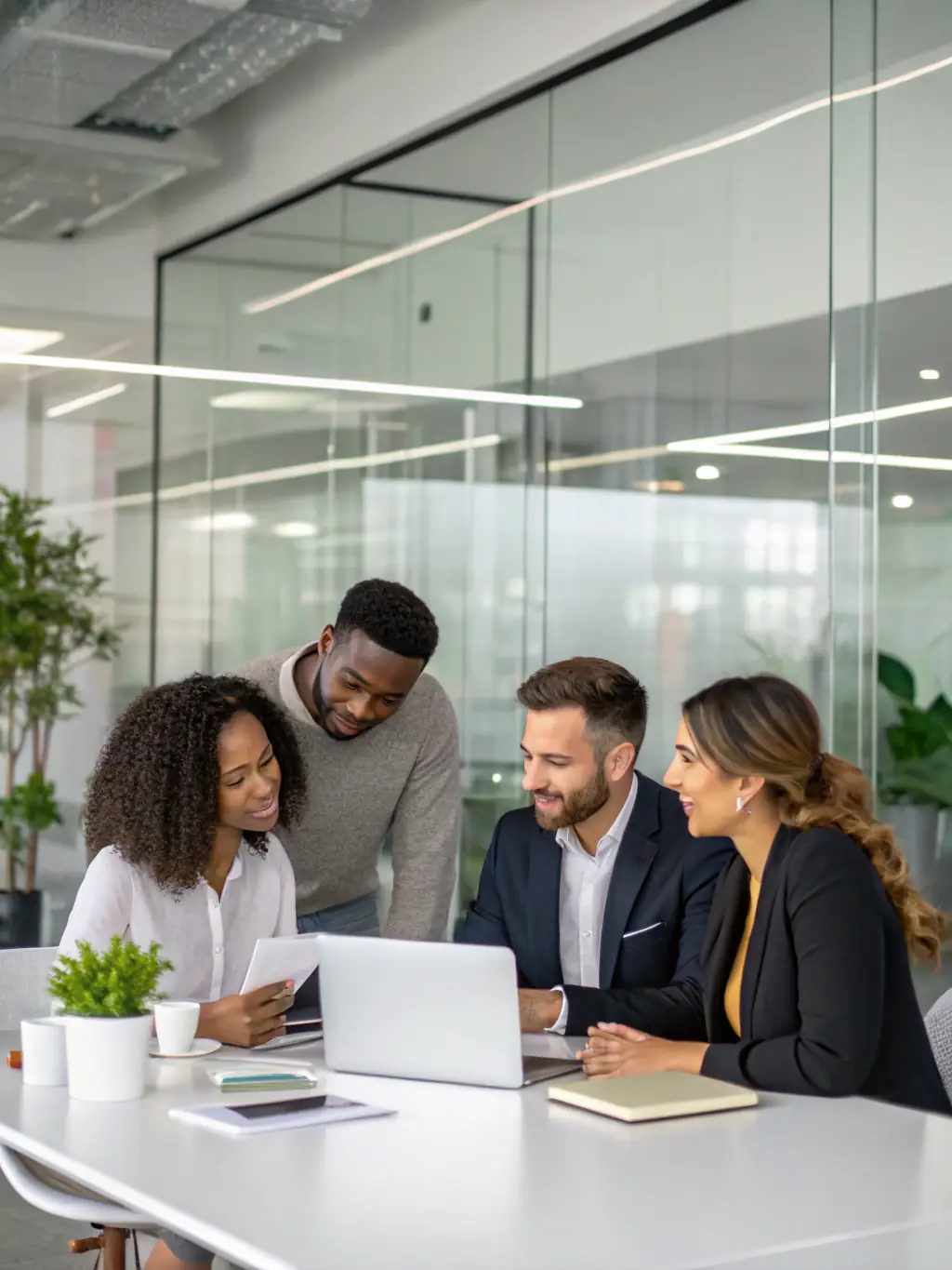 A diverse team collaborating in a modern office, symbolizing effective leadership and teamwork in the UK.