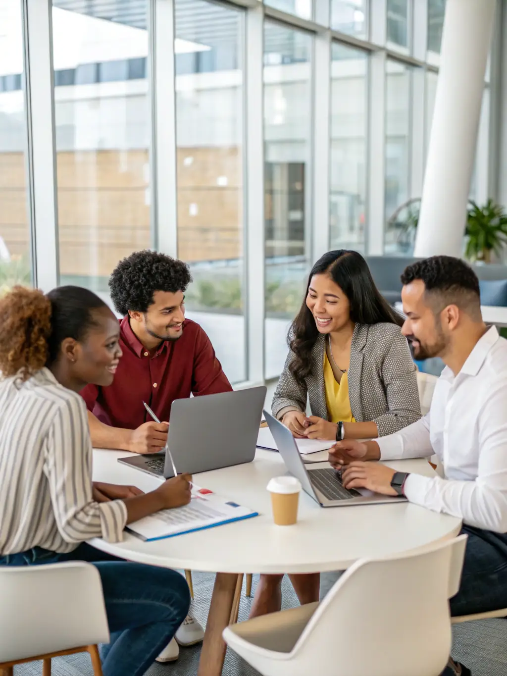 A diverse group of professionals collaborating on a project, symbolizing teamwork and career growth.