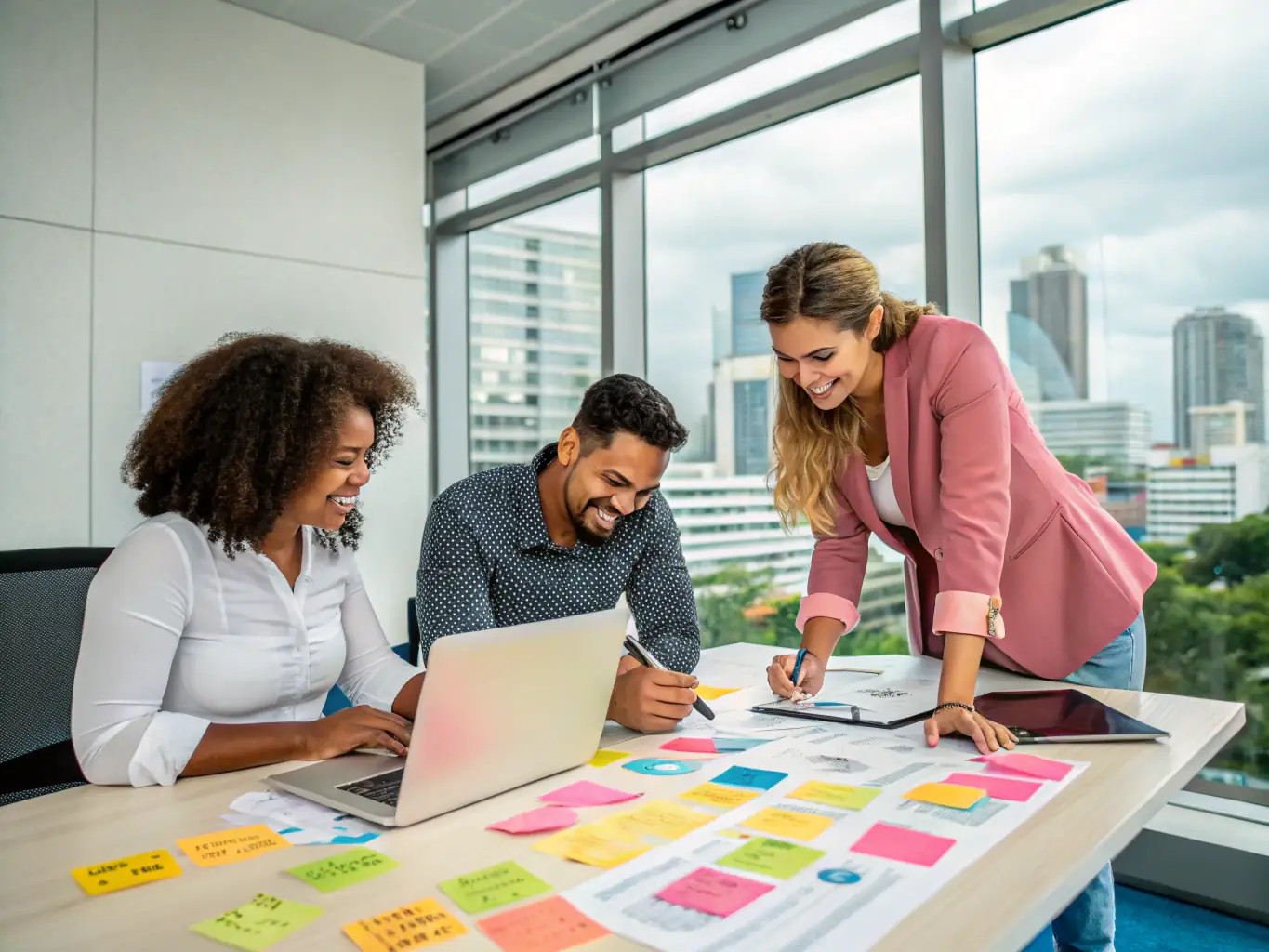 An image of a diverse team collaborating, symbolizing leadership and teamwork in the UK workplace.