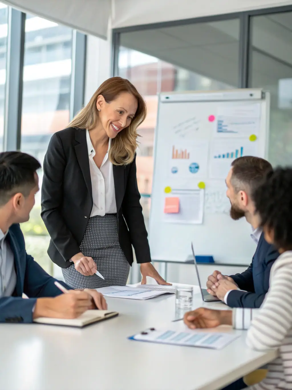 A person confidently presenting to a team in a modern office setting, representing leadership and effective communication skills.