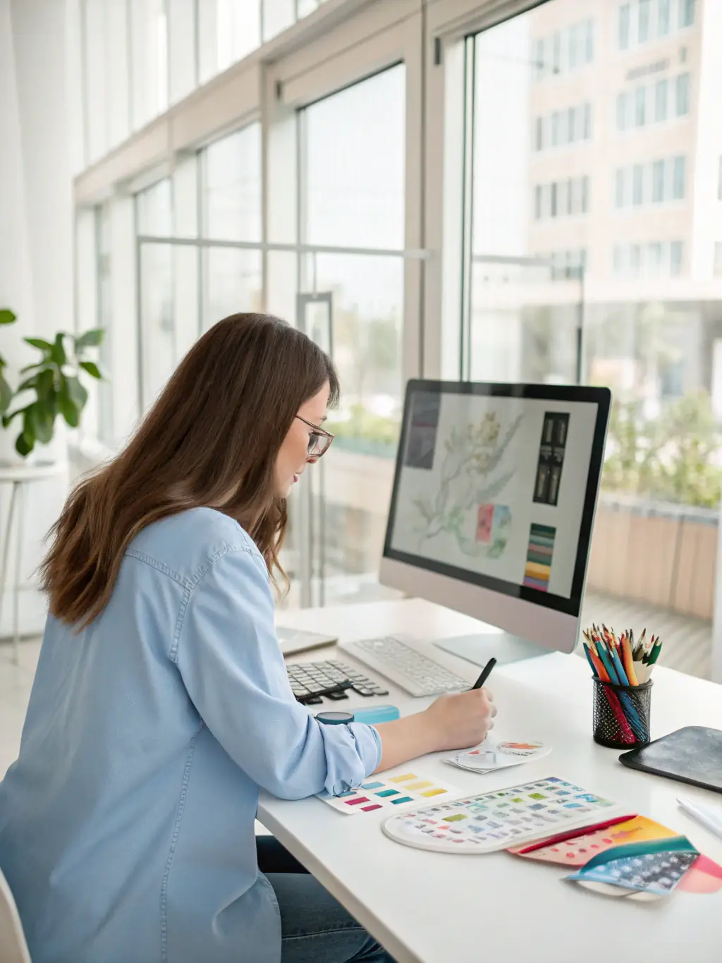 A professional woman confidently using a laptop in a modern office setting, representing adaptability in the UK job market.